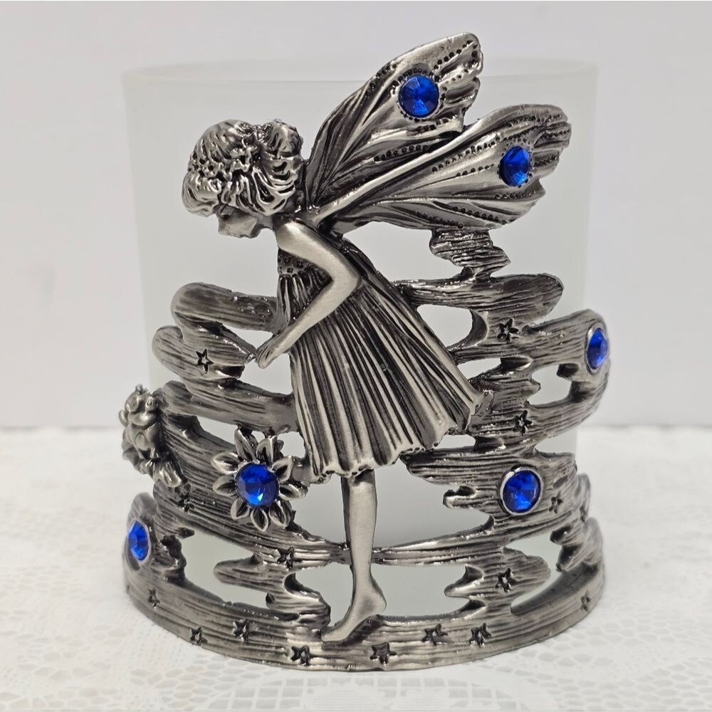 Vintage Silver Metal Fairy Elf Blue Rhinestones Celestial Votive Candle Holder
